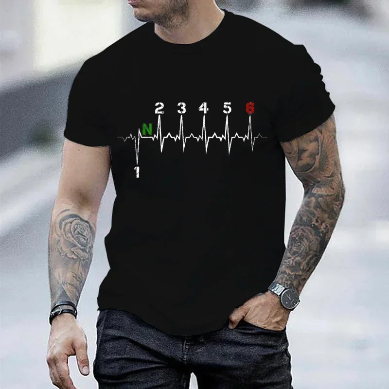 Motorcycle Gear Sleeve - ผู้ชายแบรนด์เสื้อยืดรถจักรยานยนต์เกียร์ Shift 1n23456 Heartbeat Ekg Pulse